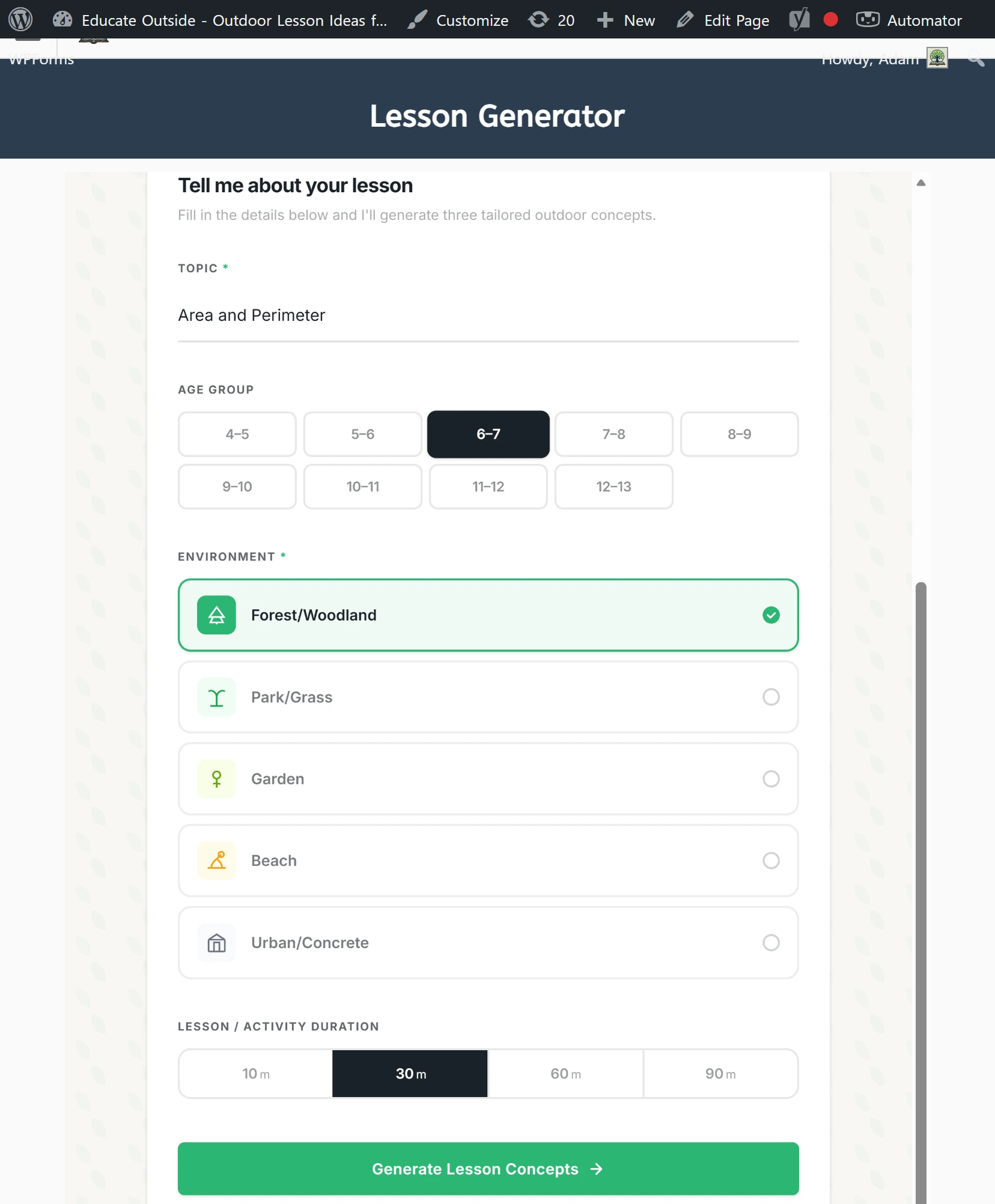 The Outdoor Lesson Generator input form — topic, age group, environment, and duration fields