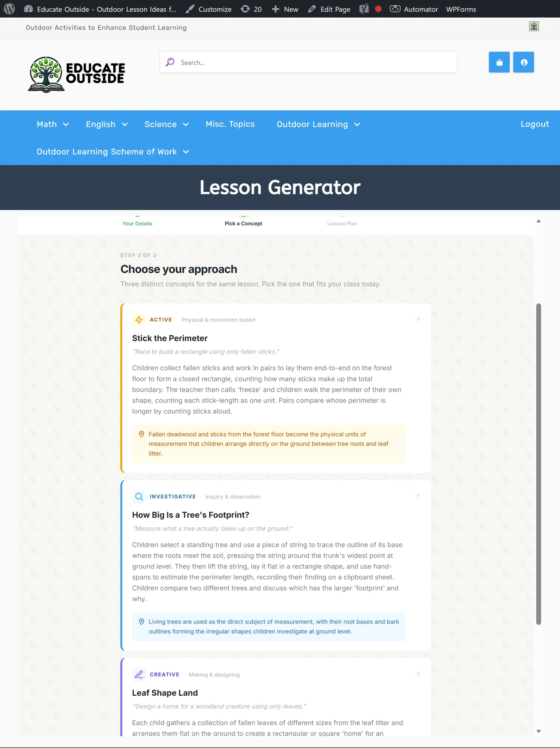 Three outdoor lesson concept cards — Active, Investigative, and Creative approaches generated for the same topic