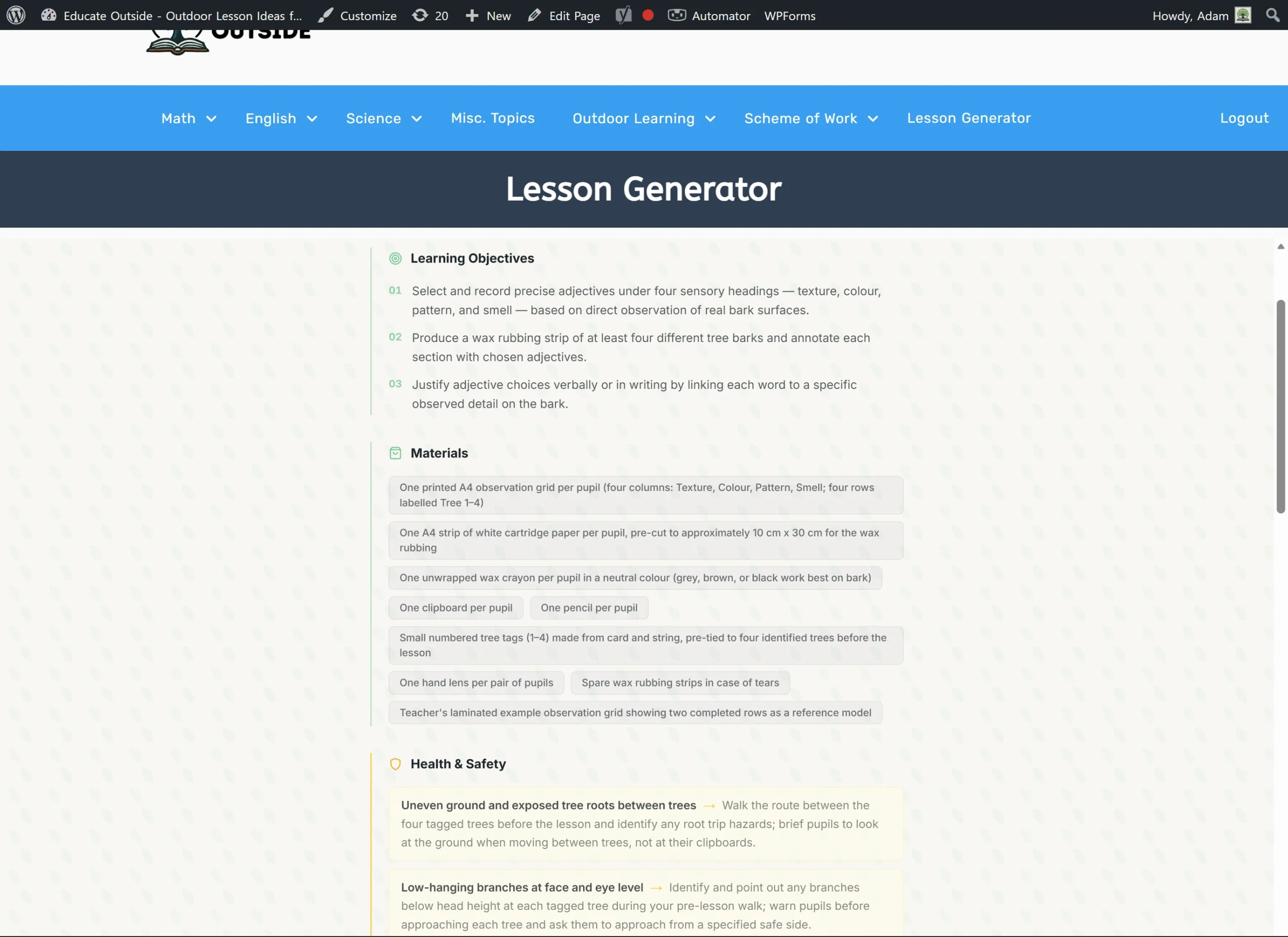 A complete AI-generated outdoor lesson plan showing warm-up, main activity, reflection, differentiation strategies, and health and safety checklist